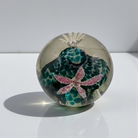 Handcrafted Glass Paperweight With Embedded Floral Design & Teal Accents - Picture 1 of 10